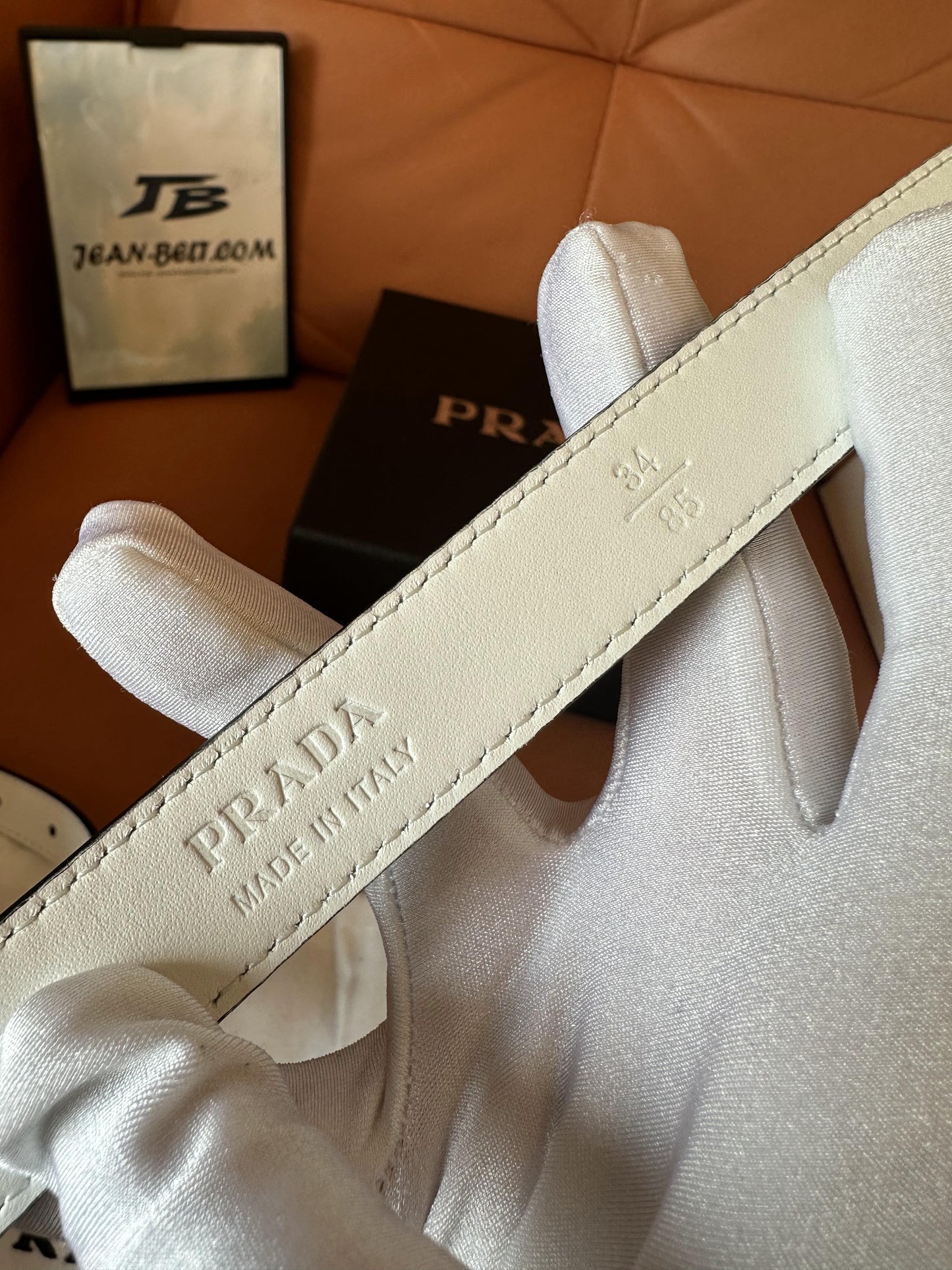 Prada white calfskin belt with silver logo buckle