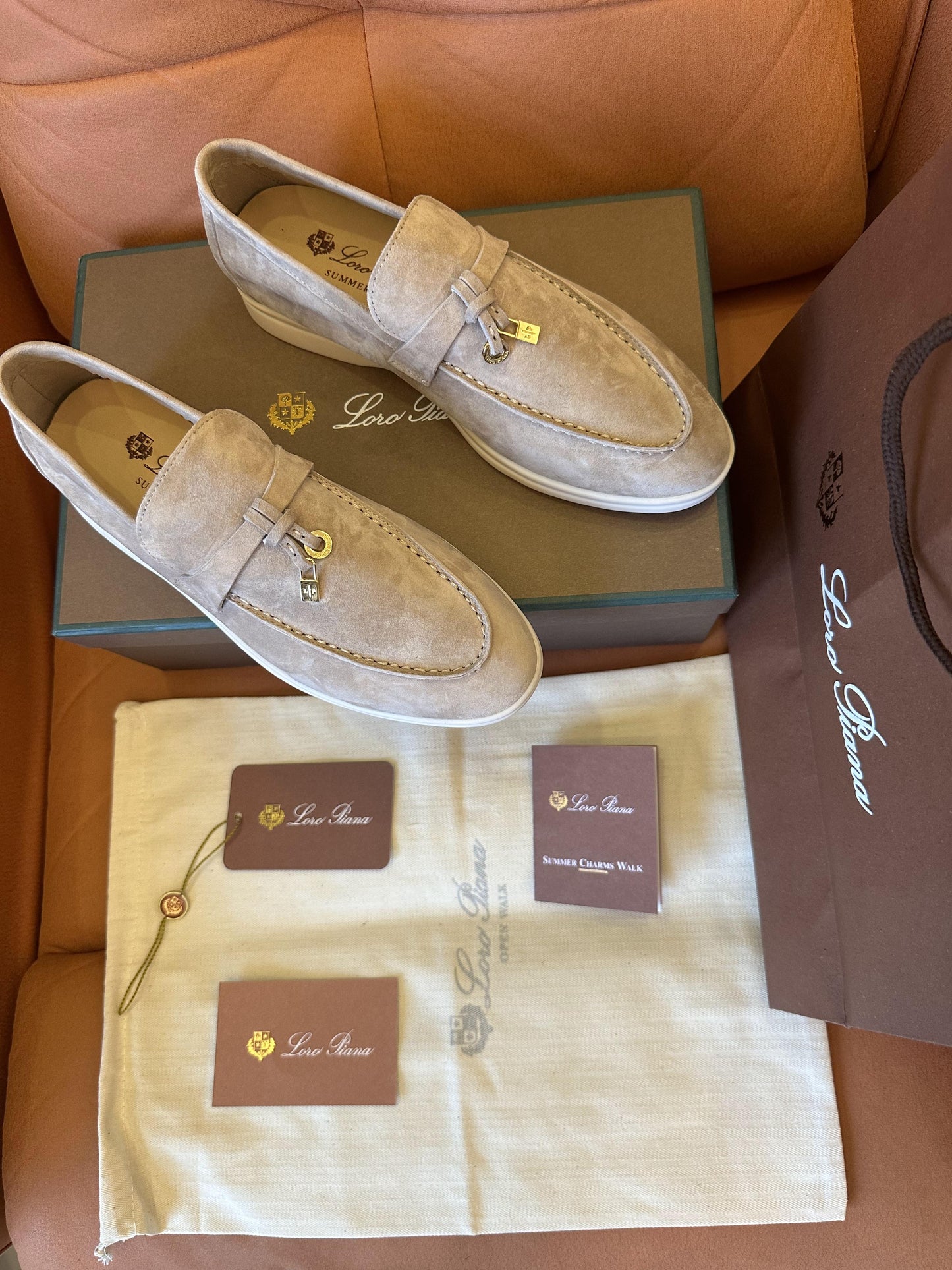 Loro Piana Open Walk Charms loafers flats beige suede shoes