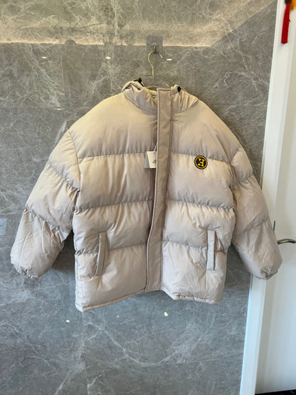 Hermes beige puffer jacket with hood and iconic logo patch