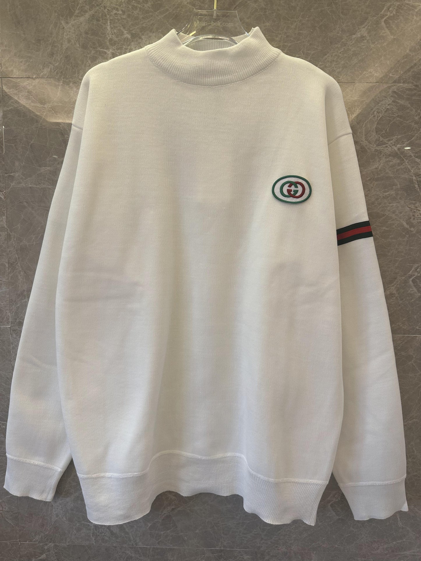 Gucci white high neck logo sweater with signature stripes