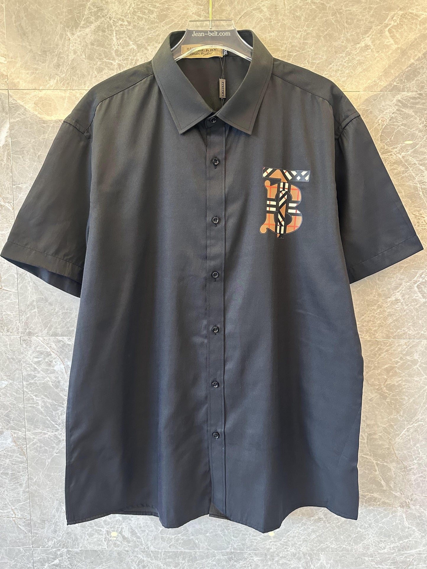 Burberry black short-sleeve shirt with iconic plaid "B" logo