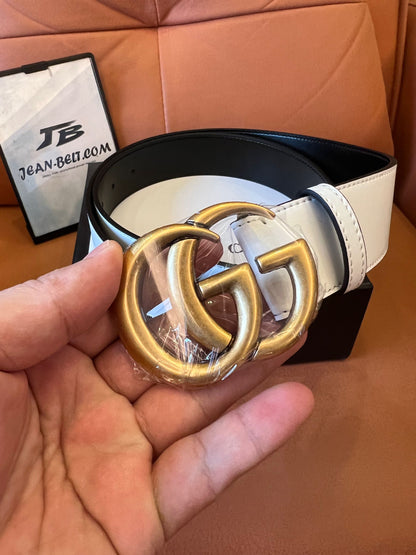 Gucci white leather belt with antique gold double G buckle