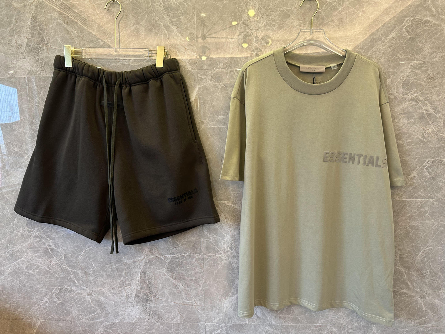 Essentials casual set: light green t-shirt and black shorts