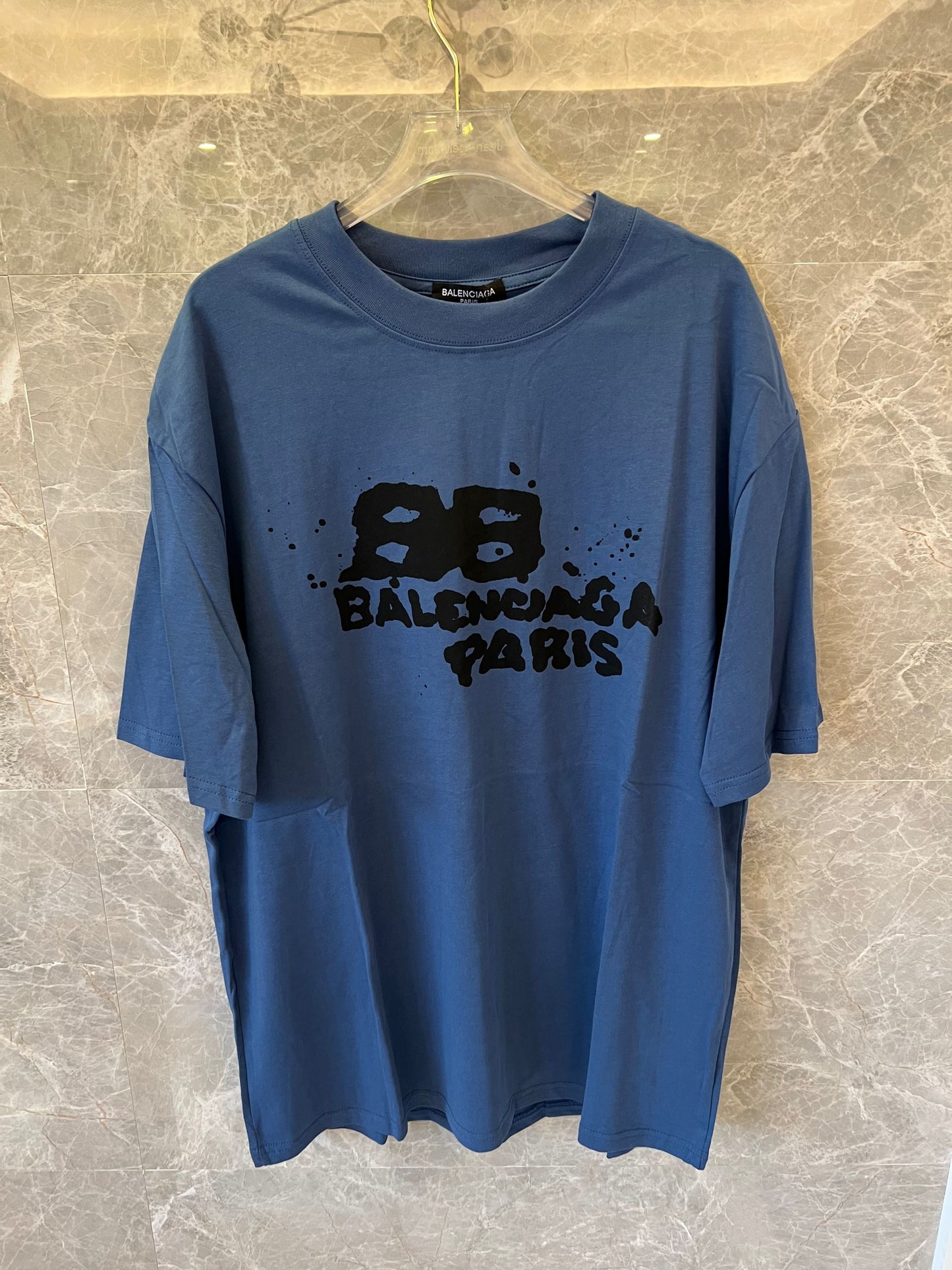 Balenciaga blue t-shirt with graffiti-style "Balenciaga Paris" Print