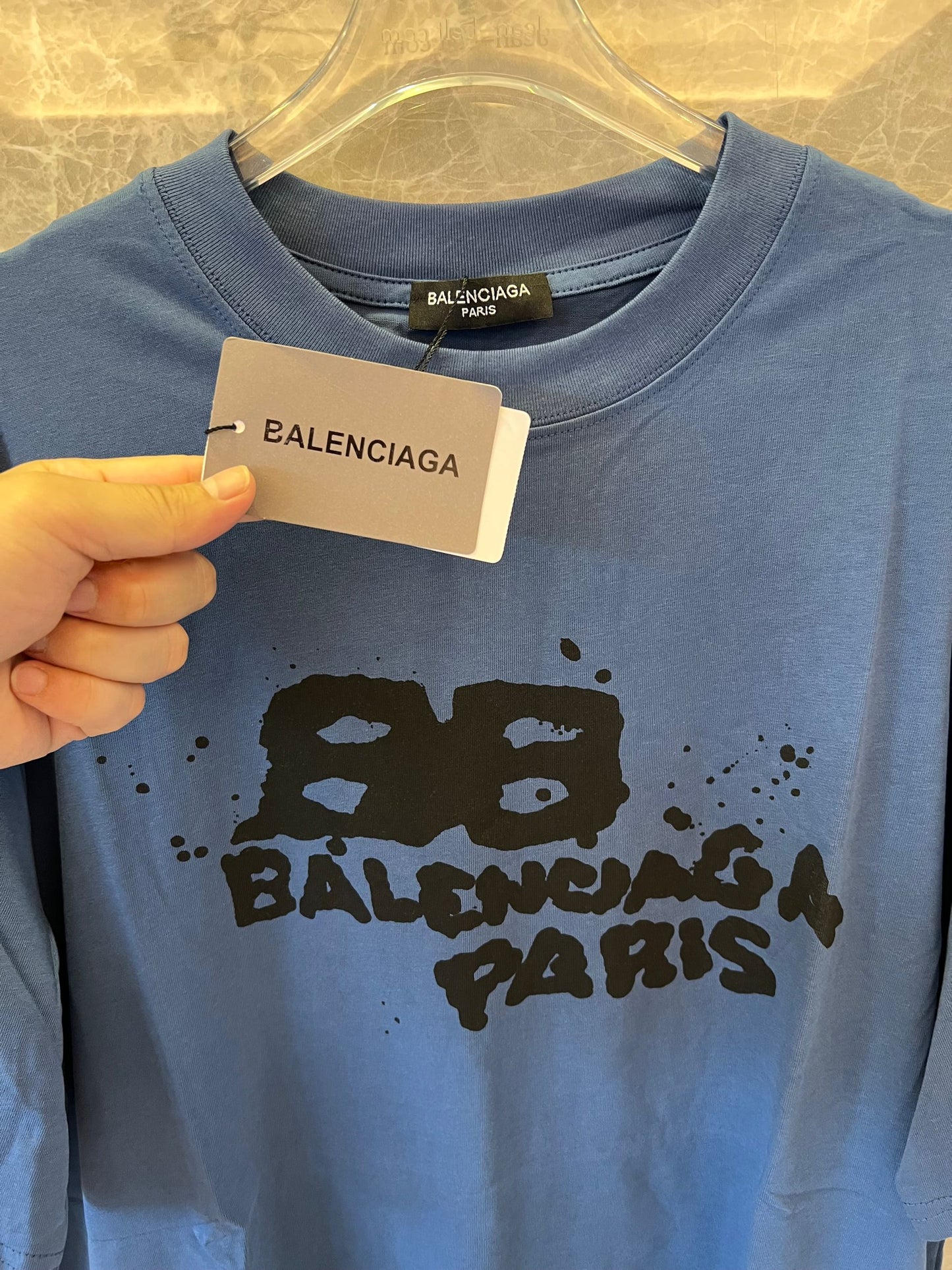 Balenciaga blue t-shirt with graffiti-style "Balenciaga Paris" Print