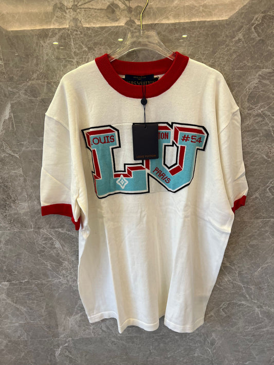 Louis Vuitton white t-shirt with bold LV logo and red ribbed accents