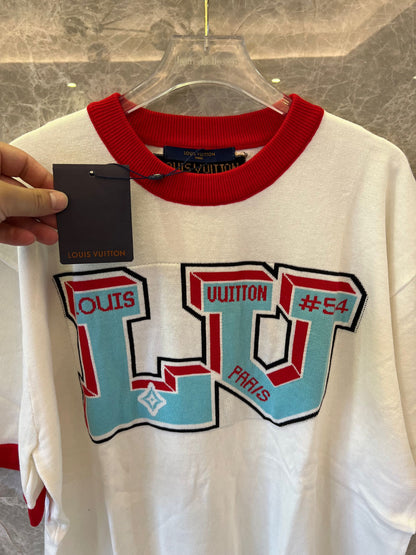 Louis Vuitton white t-shirt with bold LV logo and red ribbed accents