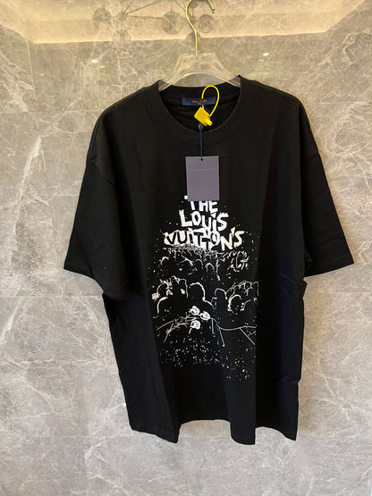 Louis Vuitton black t-shirt with "The Louis Vuittons" graphic and orange paris tag