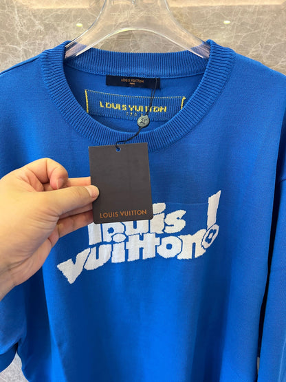 Louis Vuitton blue t-shirt with "Louis vuitton!" front logo and yellow Paris tag