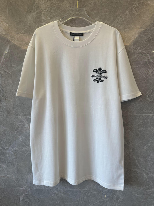 Chrome Hearts white t-shirt with black signature logo and decorative back design