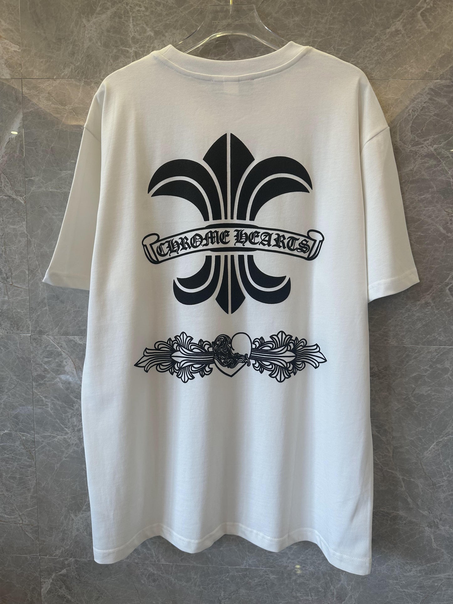 Chrome Hearts white t-shirt with black signature logo and decorative back design