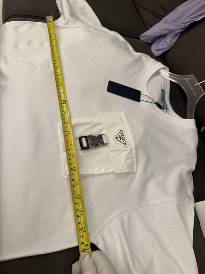 Prada white t-shirt with functional pocket and silver buckle detail