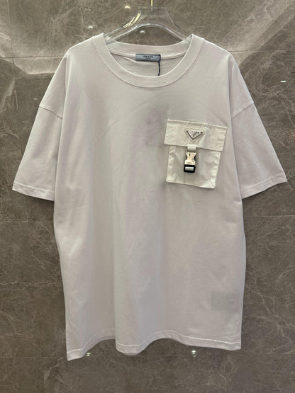 Prada white t-shirt with functional pocket and silver buckle detail