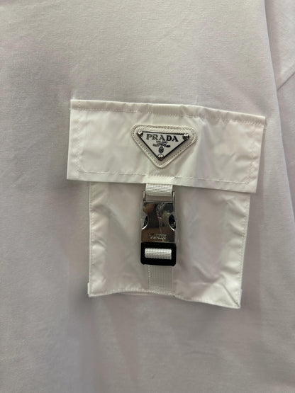 Prada white t-shirt with functional pocket and silver buckle detail