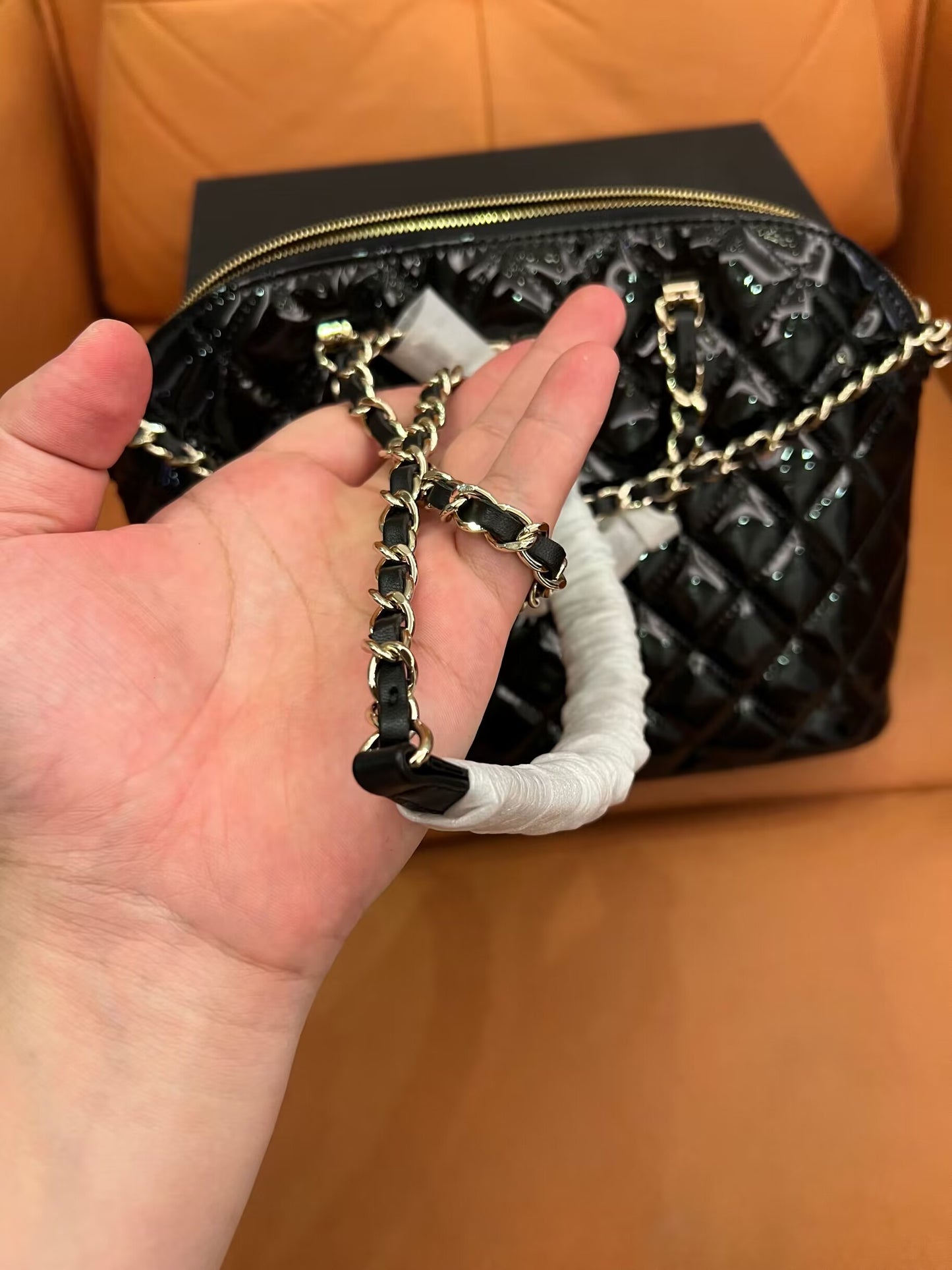 Chanel patent quilted shiny coco small shopping bag black