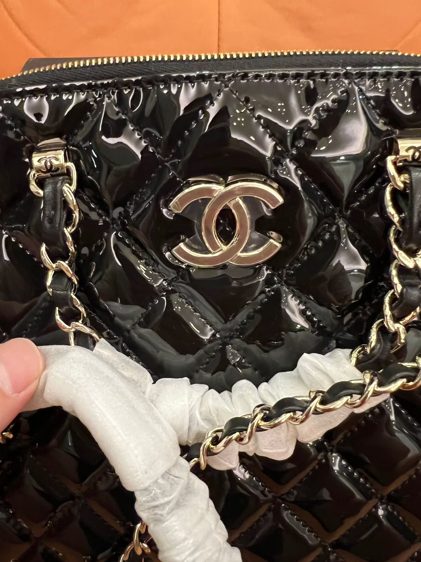 Chanel patent quilted shiny coco small shopping bag black