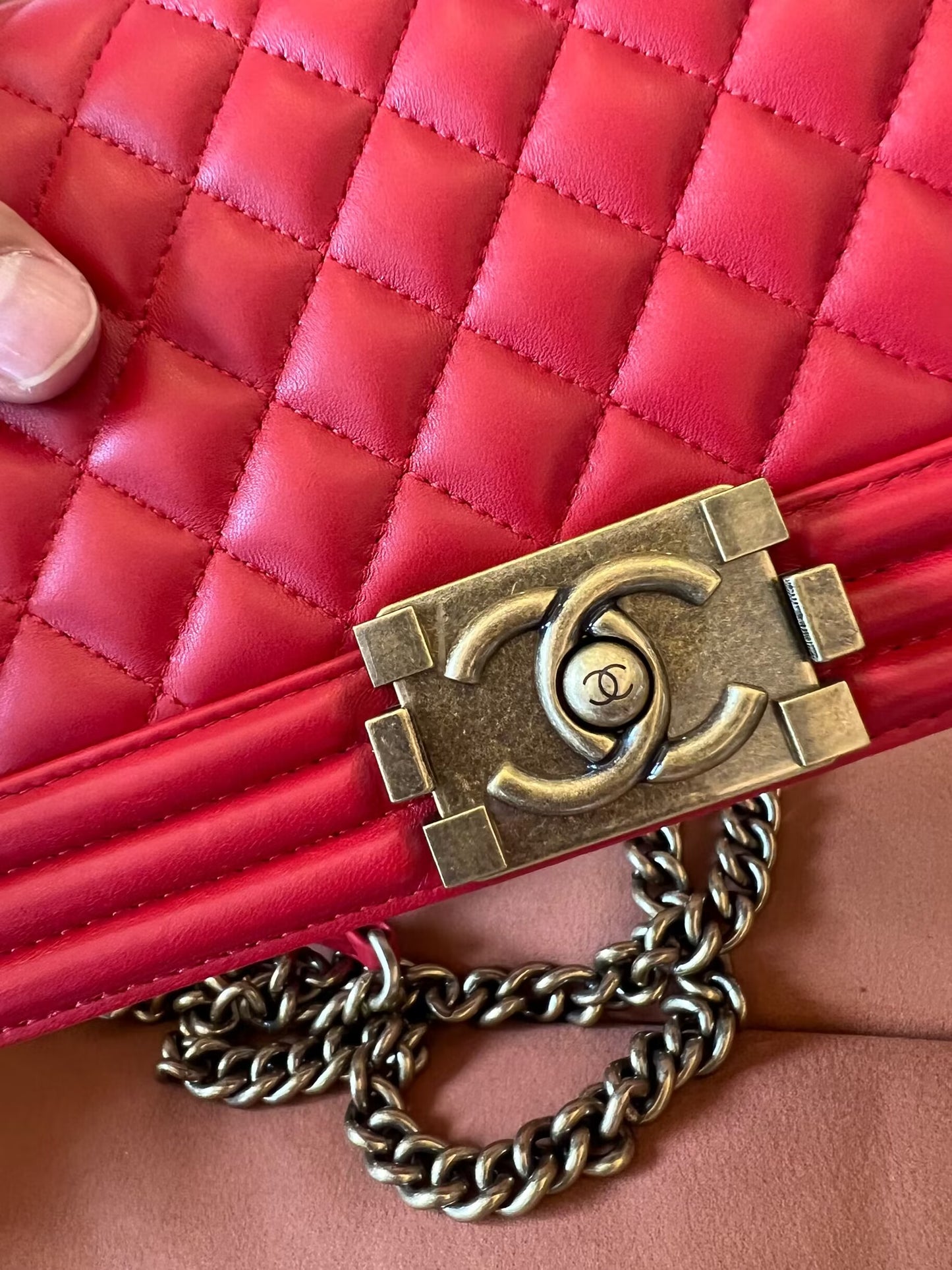 Chanel medium boy bag red lambskin antique gold hardware