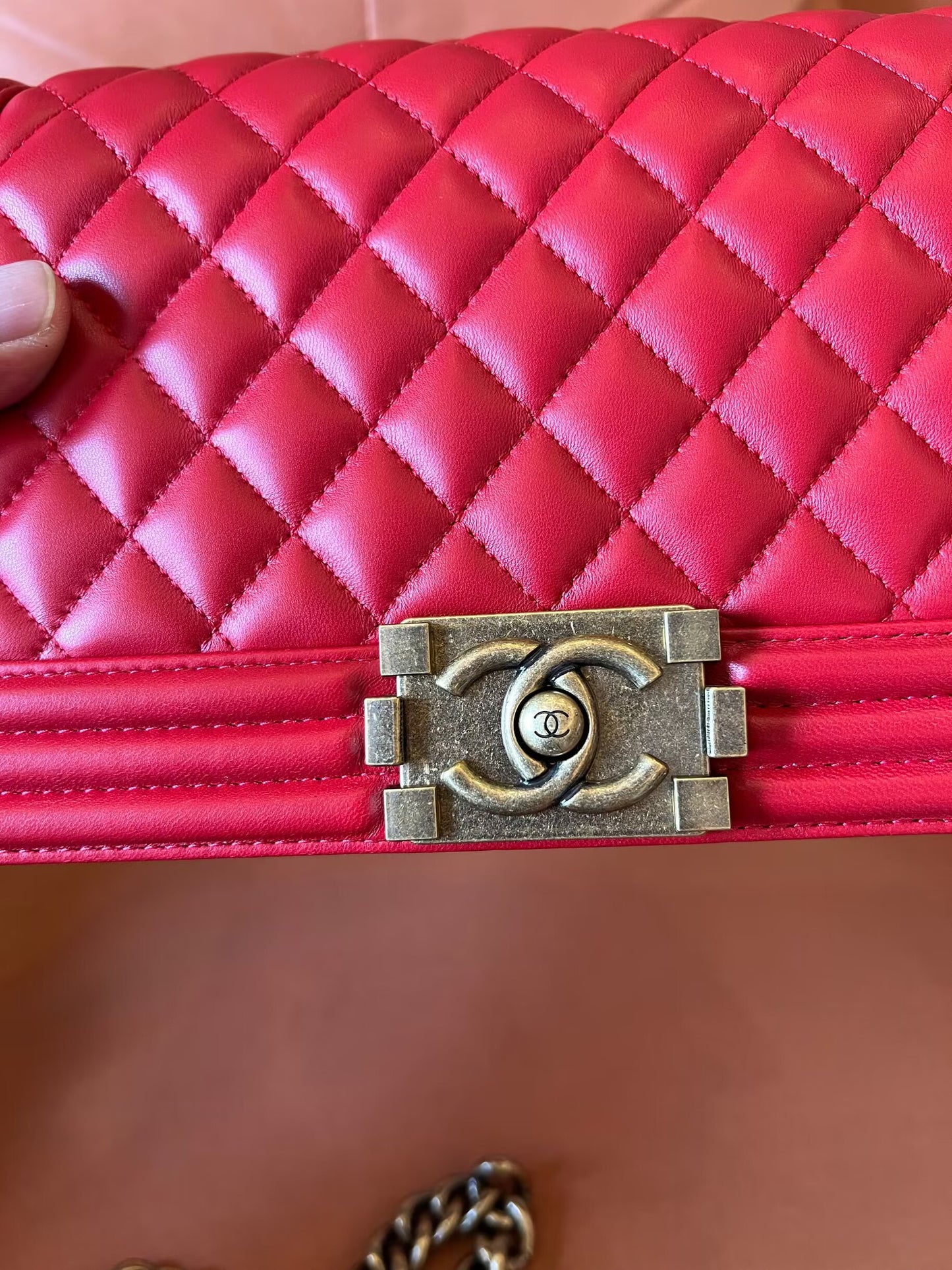 Chanel medium boy bag red lambskin antique gold hardware