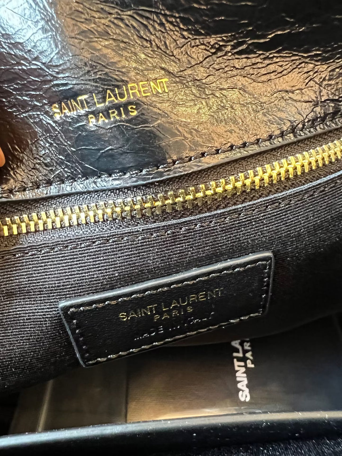 YSL niki medium chain bag in crinkled vintage black leather