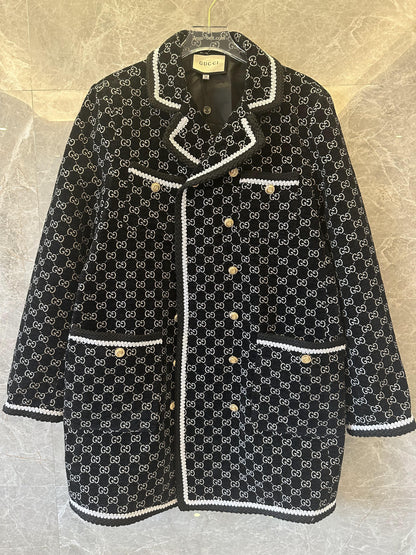 Gucci double G monogram coat with gold button detailing and white trim