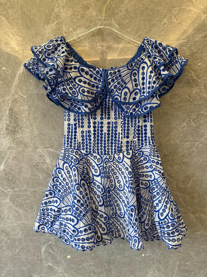 Zimmermann off-shoulder ruffle mini dress in blue and white pattern