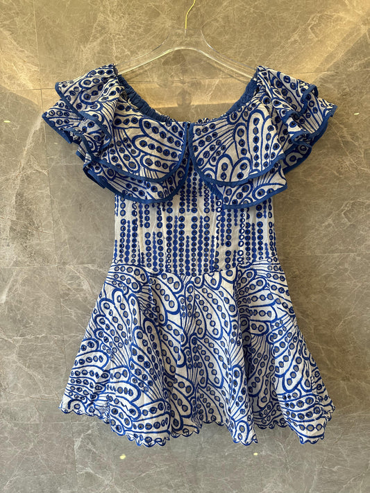 Zimmermann off-shoulder ruffle mini dress in blue and white pattern