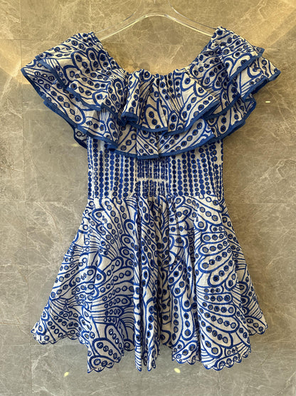 Zimmermann off-shoulder ruffle mini dress in blue and white pattern