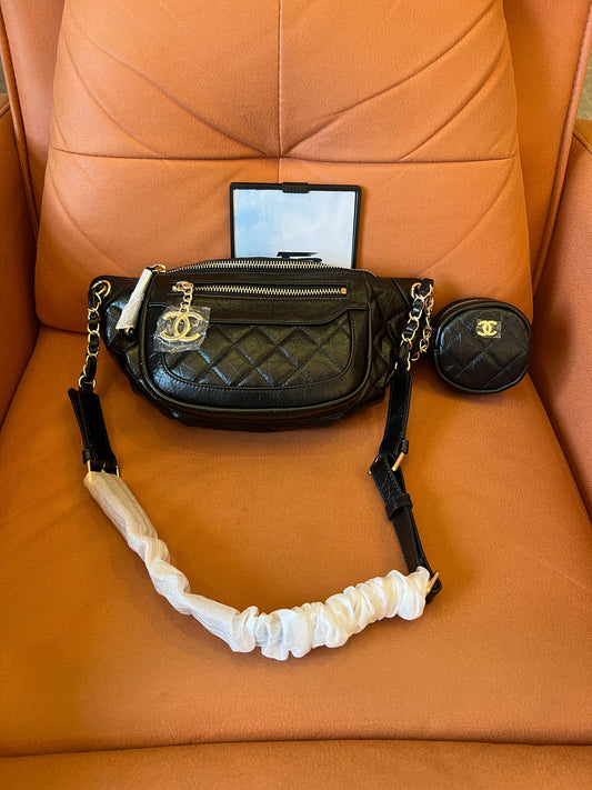 Chanel aged calfskin quilted waist bag with coin purse black