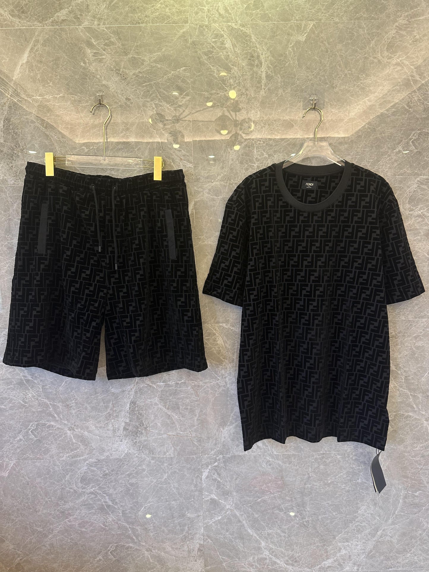 Fendi black monogram velour t-shirt & shorts set