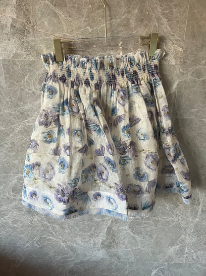 Floral print smocked skirt with ruffled hem