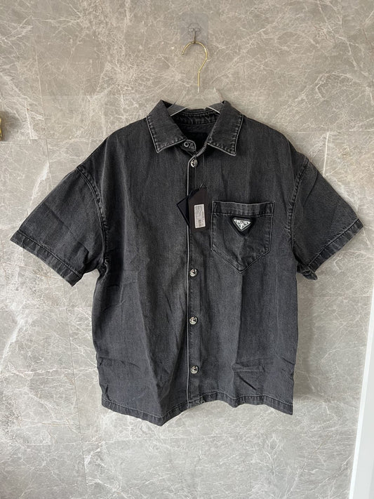 Prada black denim short-sleeve shirt with signature triangle logo