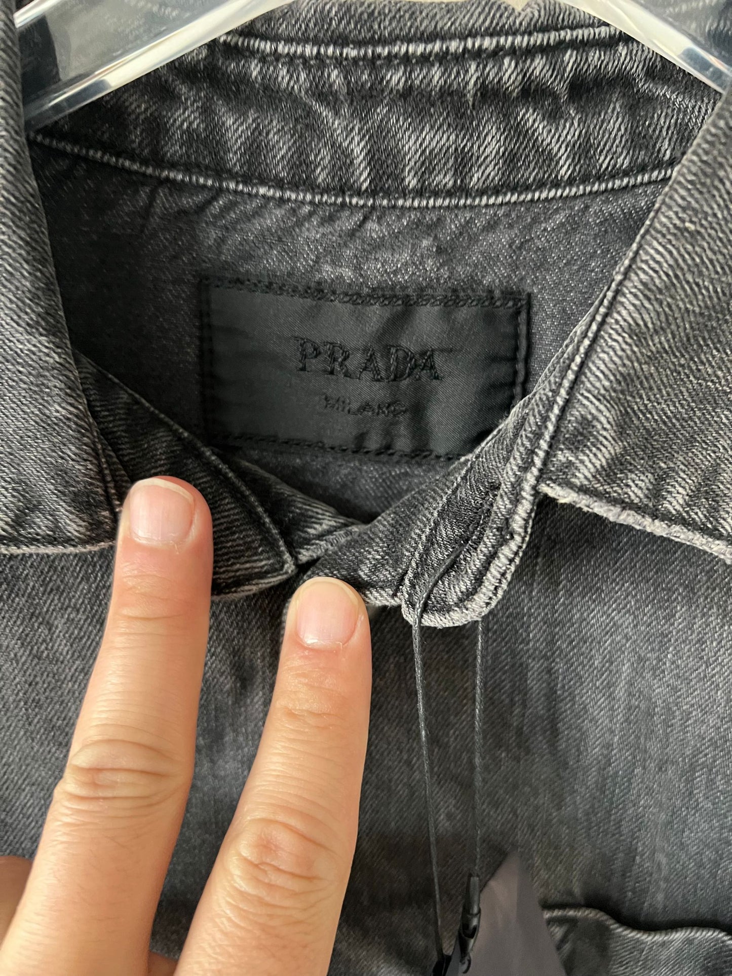 Prada black denim short-sleeve shirt with signature triangle logo