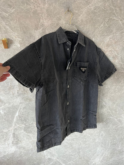 Prada black denim short-sleeve shirt with signature triangle logo