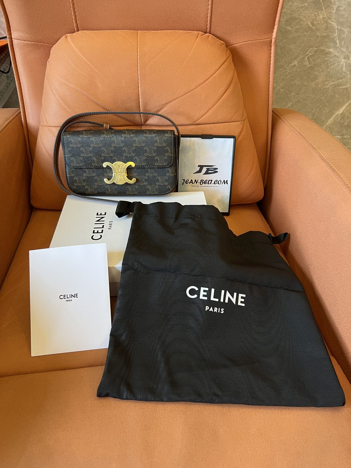 Celine triomphe shoulder bag in canvas and calfskin brown