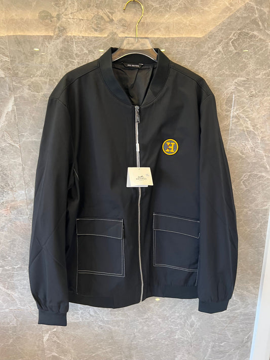 Hermes black nylon bomberjacket with yellow "H" logo patch