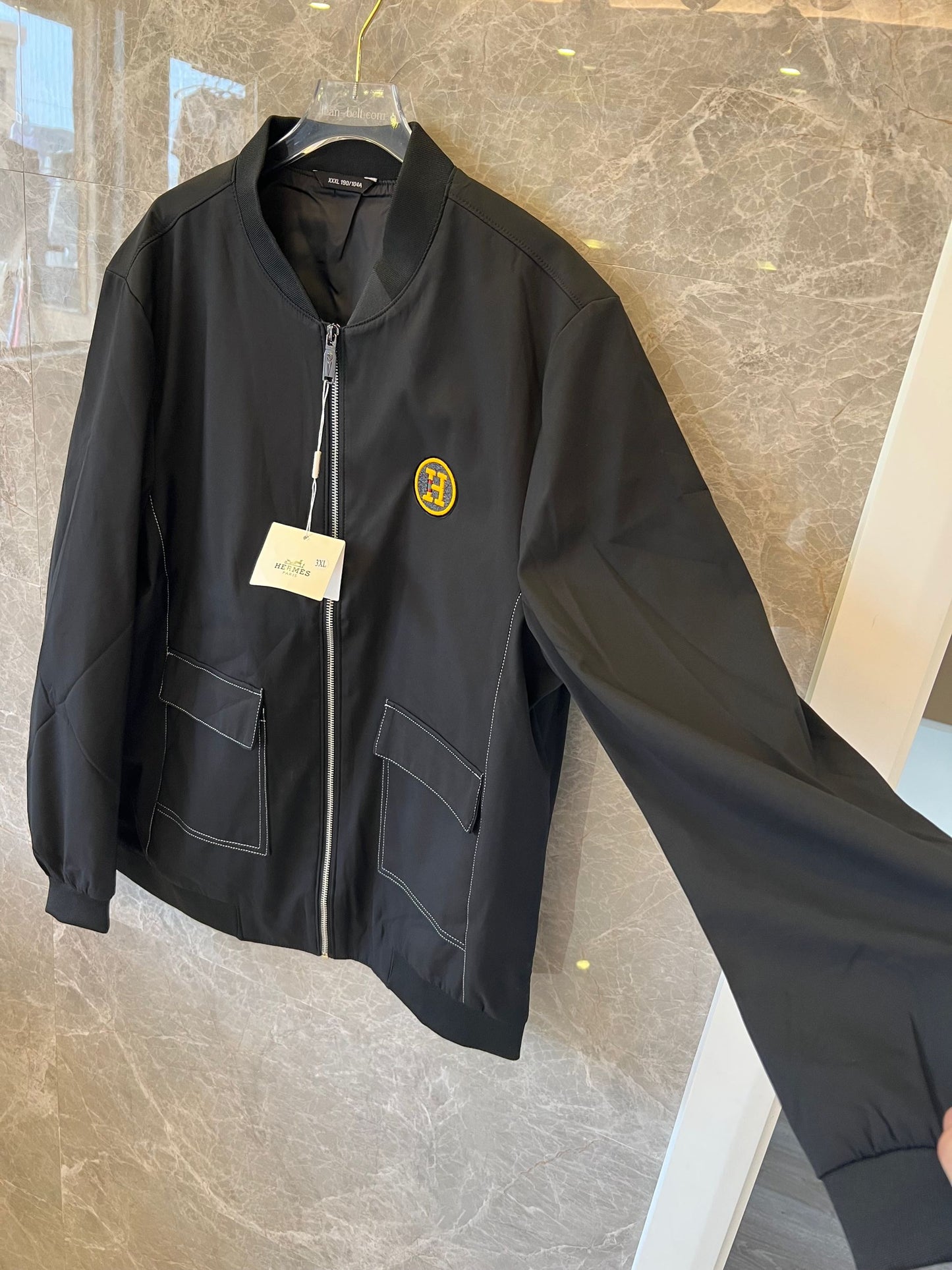 Hermes black nylon bomberjacket with yellow "H" logo patch