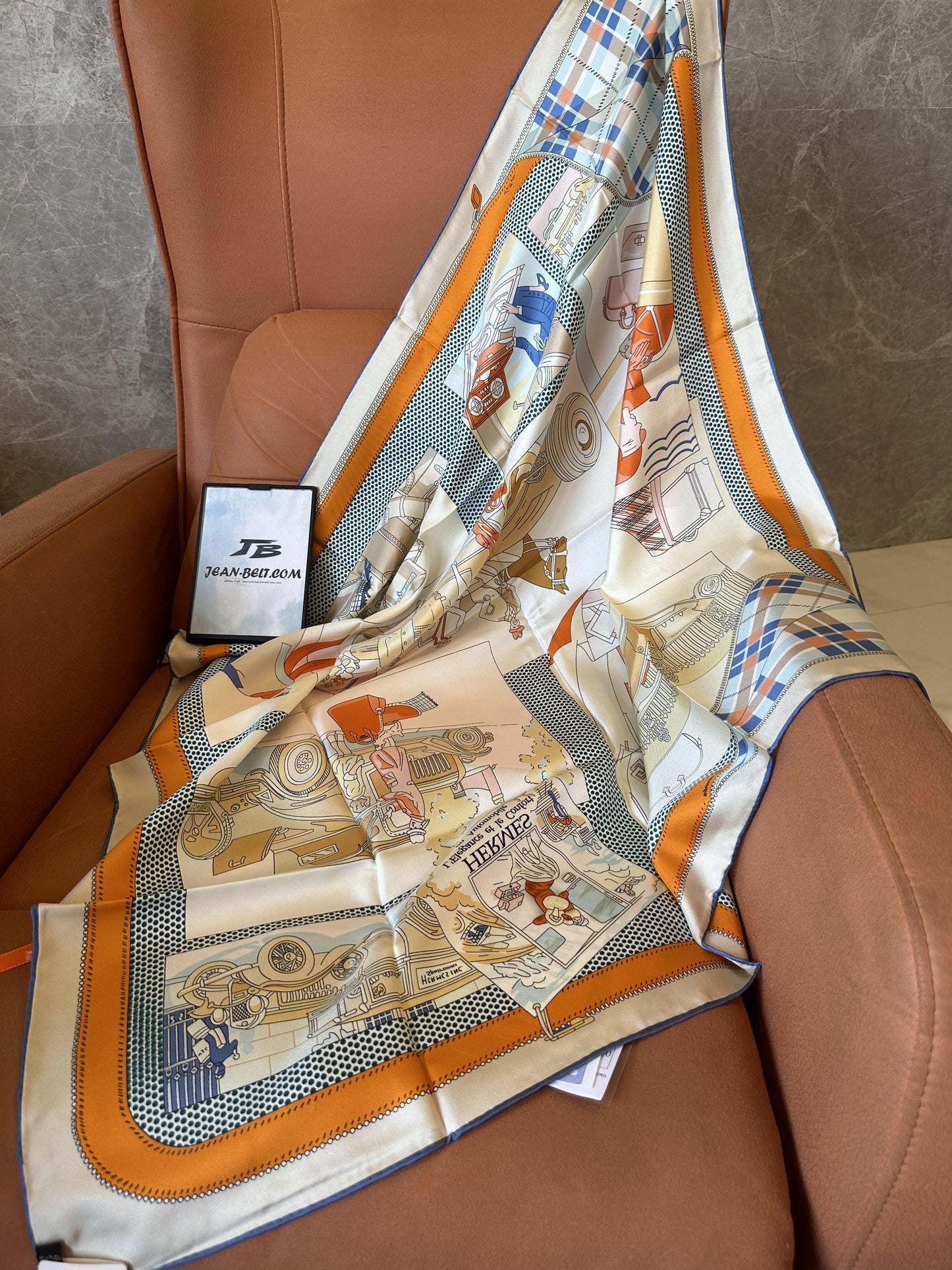 Hermès vintage print silk scarf in orange and cream