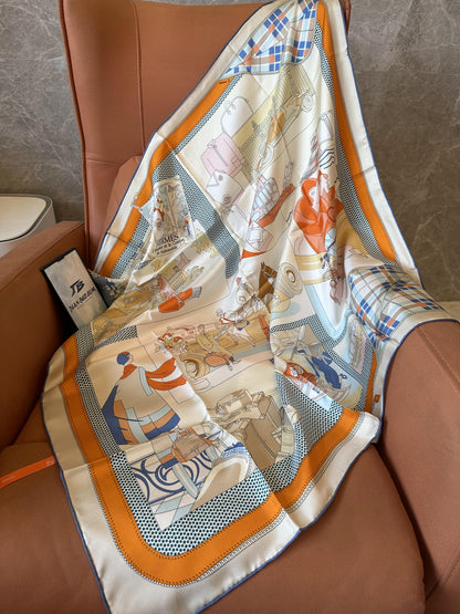 Hermès vintage print silk scarf in orange and cream