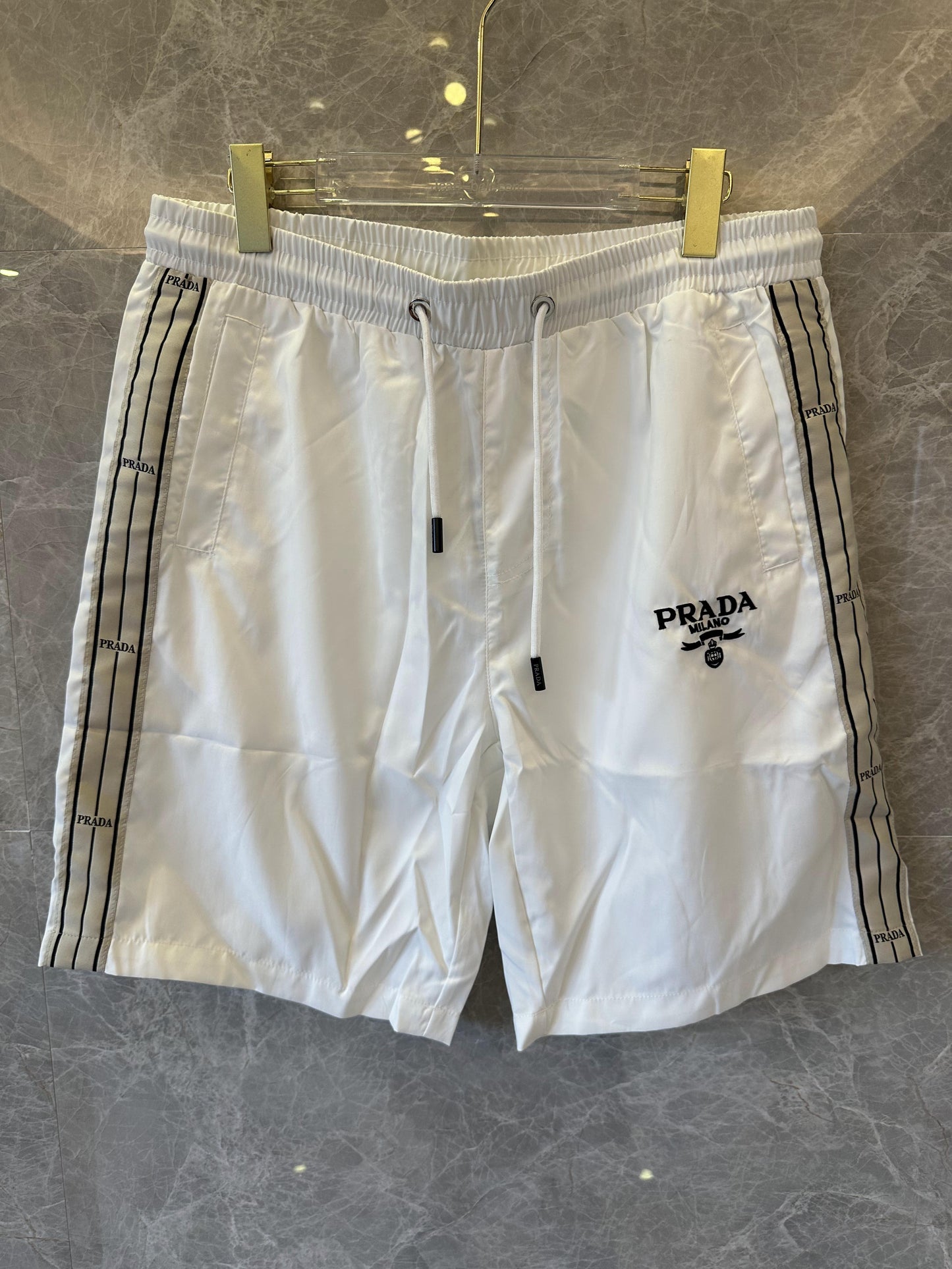 Prada white drawstring logo shorts with side stripes