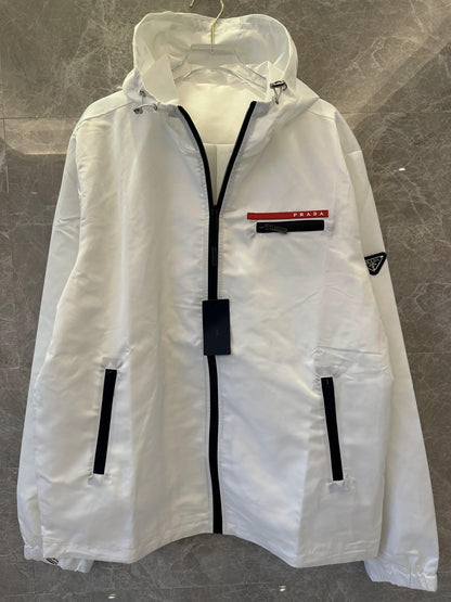 Prada white hooded technical jacket with logo red stripe