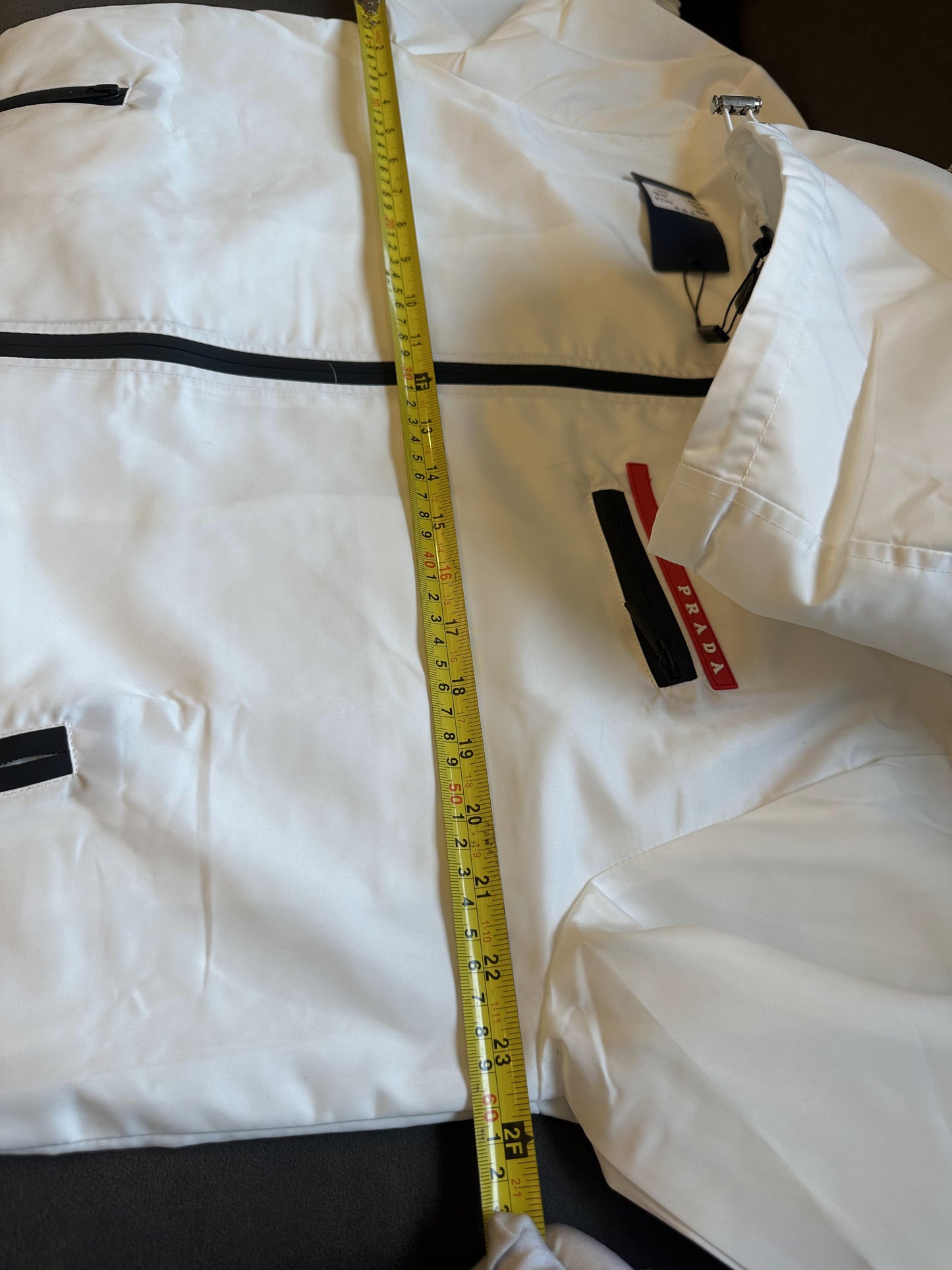 Prada white hooded technical jacket with logo red stripe