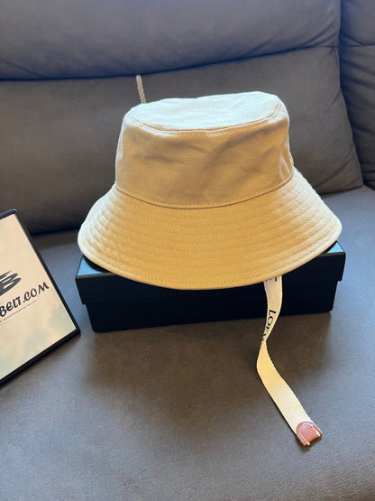 Loewe canvas bucket hat with leather logo patch and branded straps