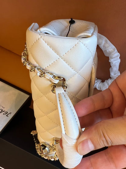 Chanel white quilted lambskin top handle mini flap bag