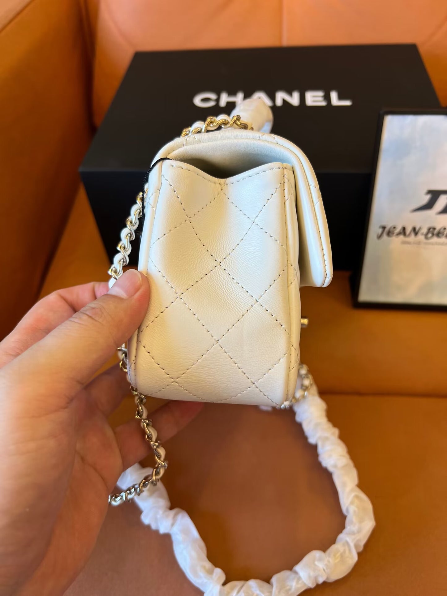 Chanel white quilted lambskin top handle mini flap bag