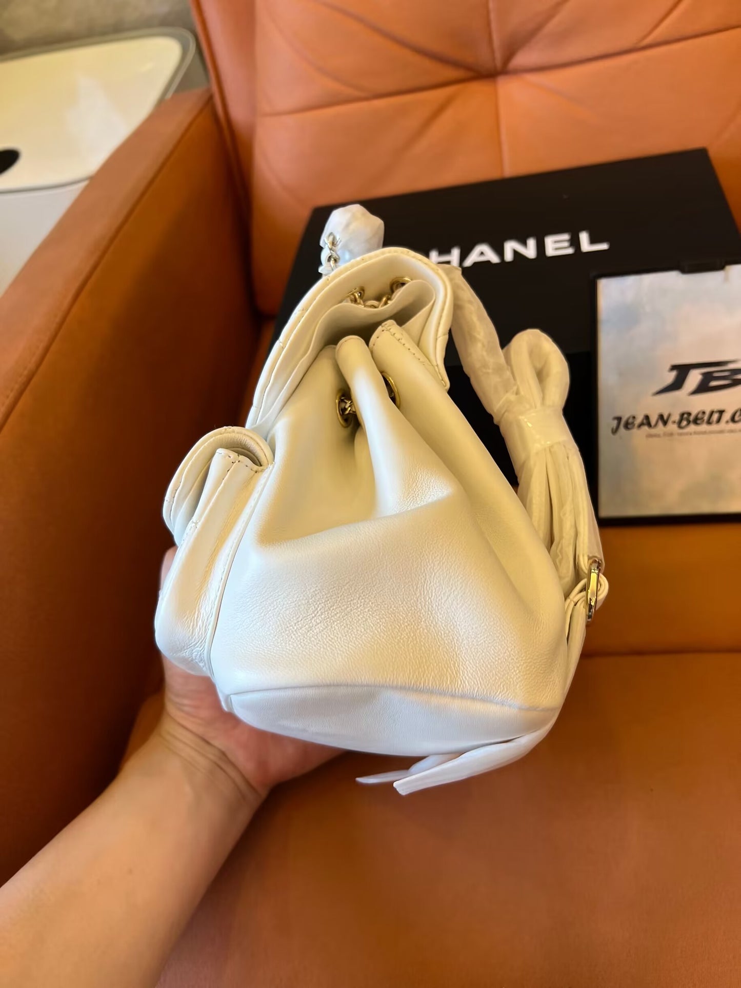 Chanel grained calfskin backpack white