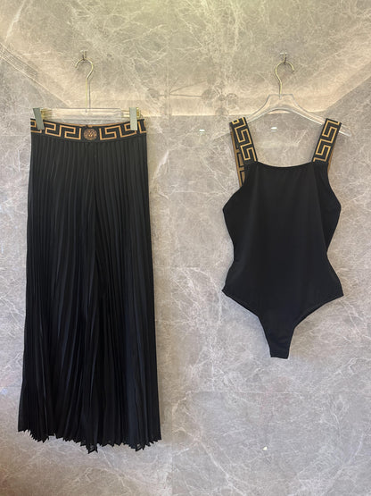 Versace greca trim black pleated skirt and bodysuit set