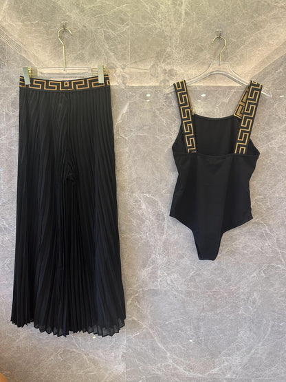 Versace greca trim black pleated skirt and bodysuit set