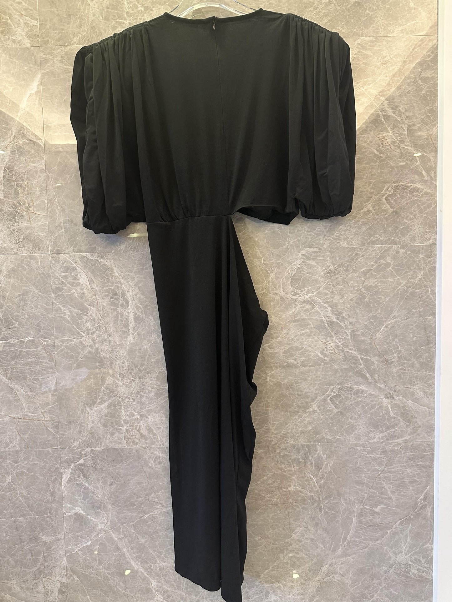 Versace black draped evening dress with puff sleeves and cinched waist detail