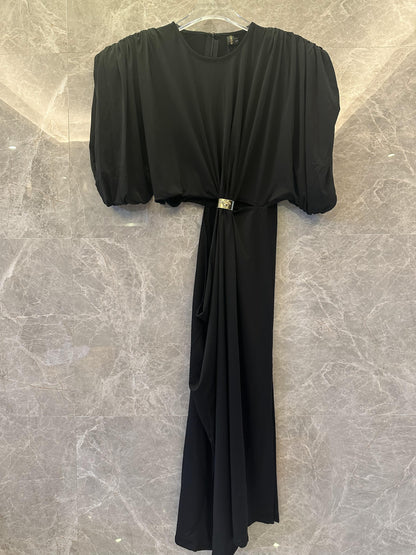 Versace black draped evening dress with puff sleeves and cinched waist detail