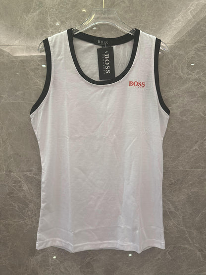 Hugo Boss white tank top with black trim and red logo detail